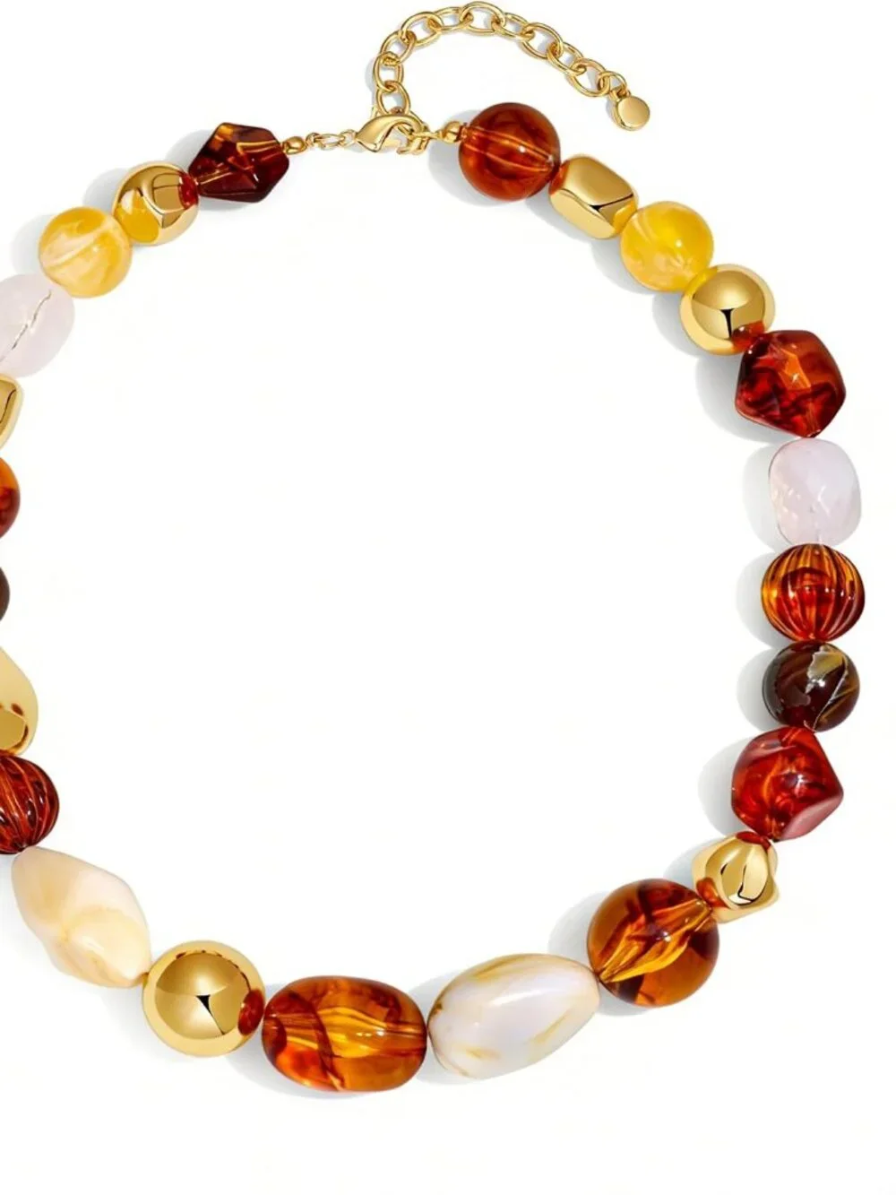 Chunky Amber & Gold Resin Bead Statement Necklace Adjustable Boho Jewelry